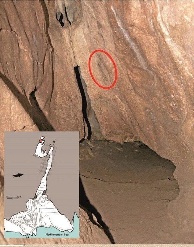Location of the hand stencil inside Gorham's Cave